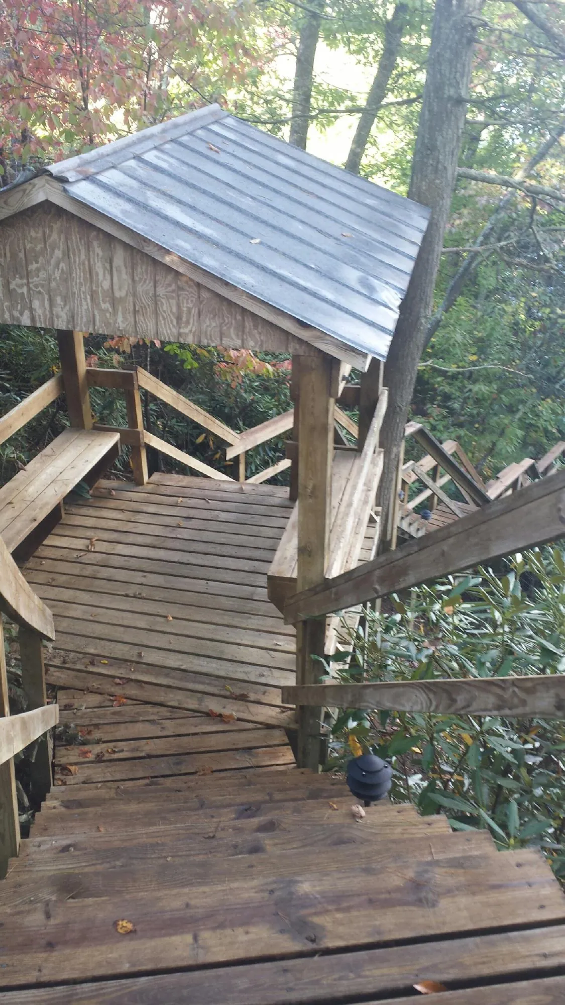 Metal roofed shelter over wooden steps on a wooded walkway — Skylight Repair & Installation work by our crew in Lydia
